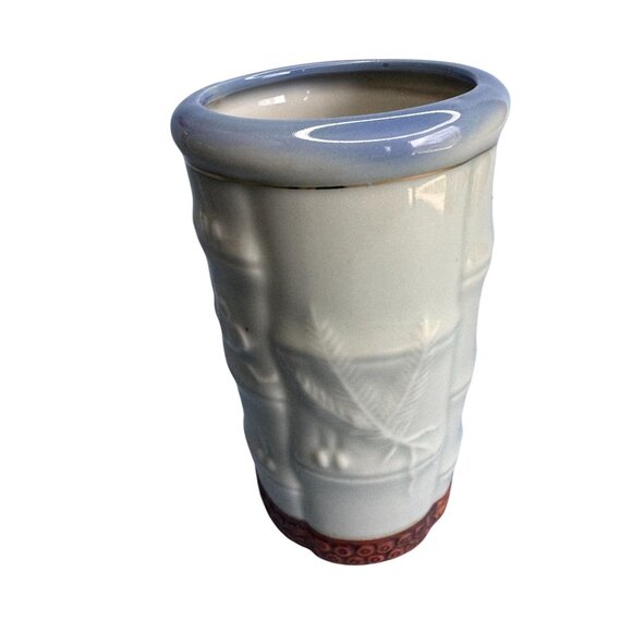 Handcrafted Ceramic Bamboo-Inspired Vase With Red & Gold Dragonfly Design Japan - Picture 3 of 7